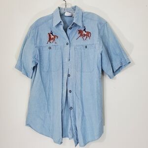 Jeans Wear 100% Cotton Shirt Sleeve Vintage Shirt w/ hand Painted Horses, Size M